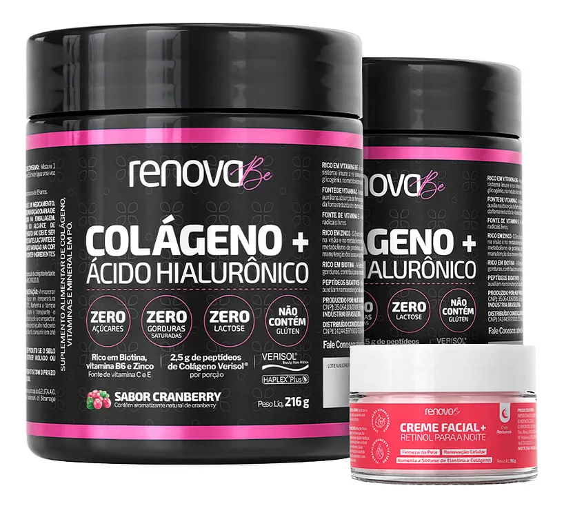 Kit 2x Colágeno + Ácido Hialurônico Verisol 216g Cranberry Renova Be