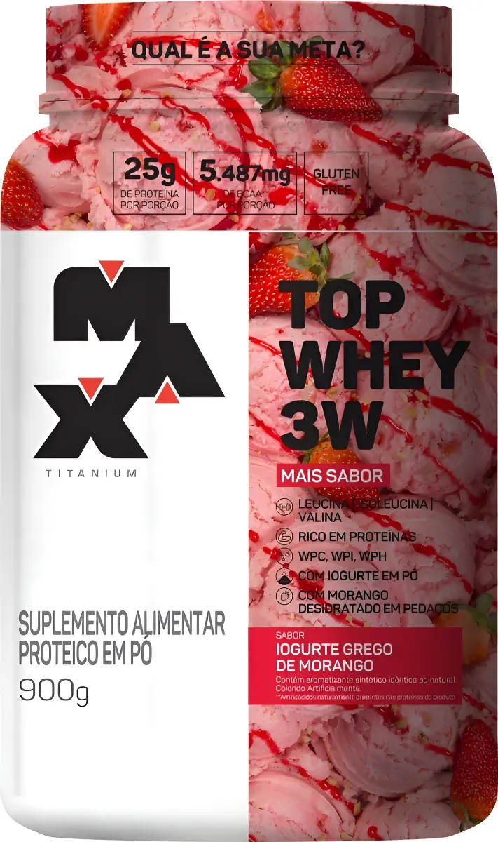 Top Whey 3W 900g Iogurte Grego de Morango Max Titanium