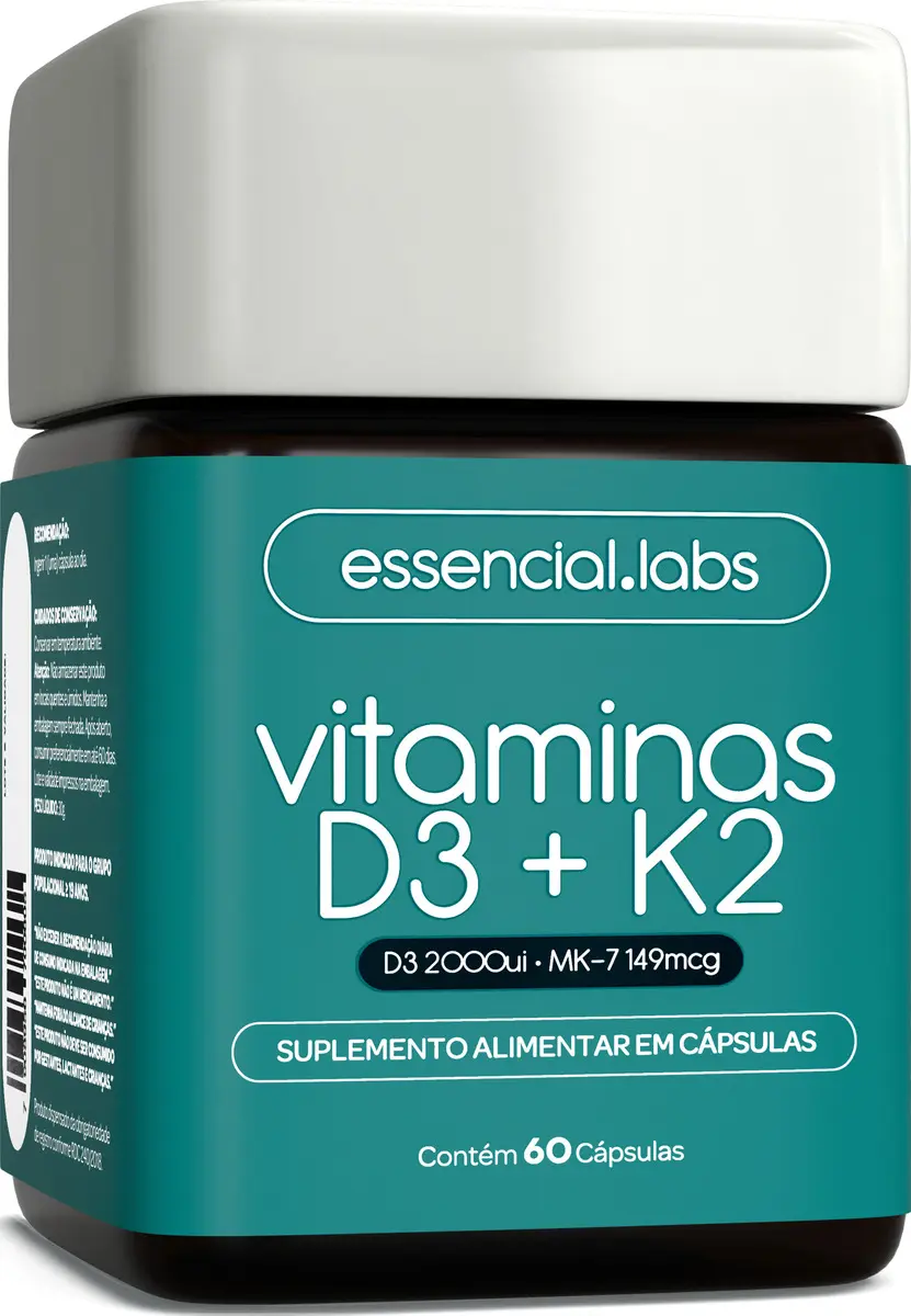 Vitamina D3 + K2 Menaquinona-7 Essencial Labs 60 Cápsulas